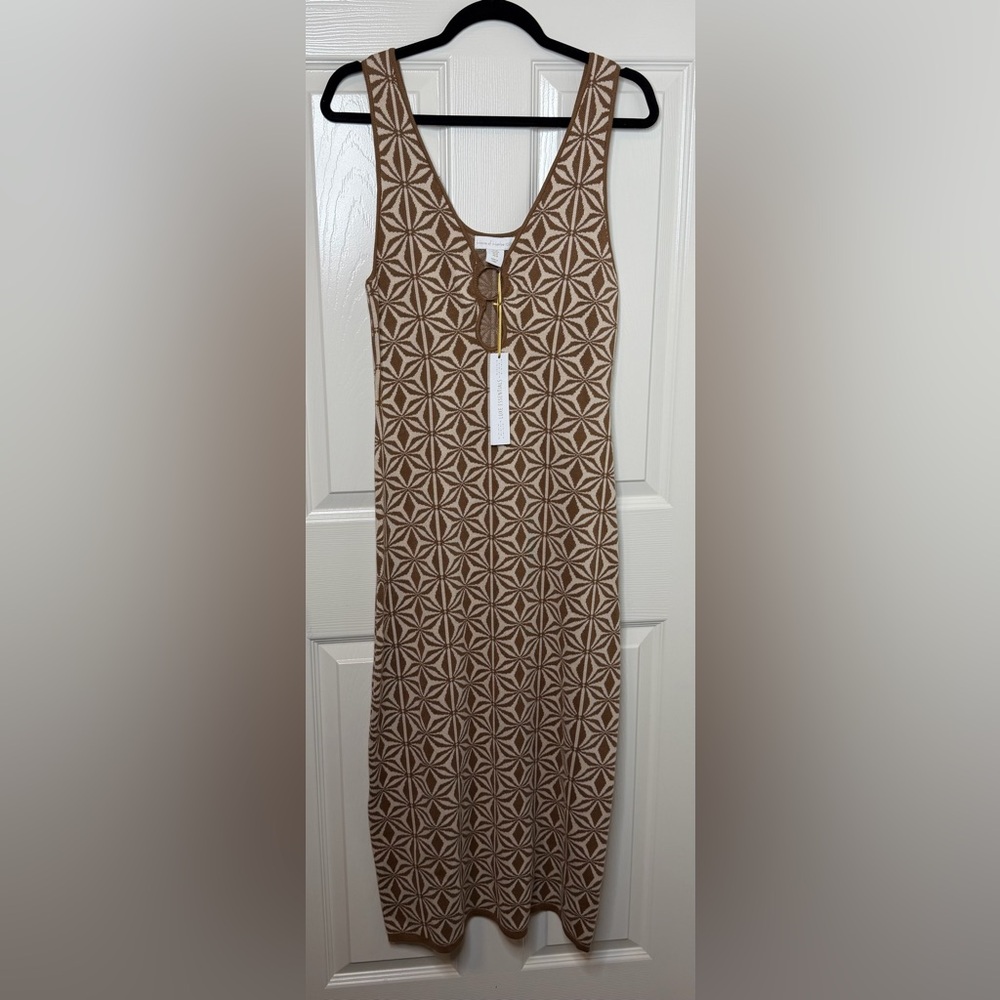 House of Harlow Geo Knit Ring Front Midi Dress Brown & Cream Geometric Medium